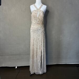 Adrianna Papell Gold Beaded Halter Gown Champagne Sequin Formal Dress 10